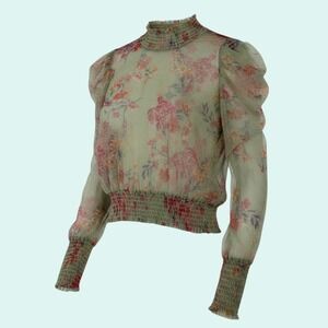 L.I.F.E. Women's Green Floral Large Sheer Puff Sleeve Smocked Mock Neck Top